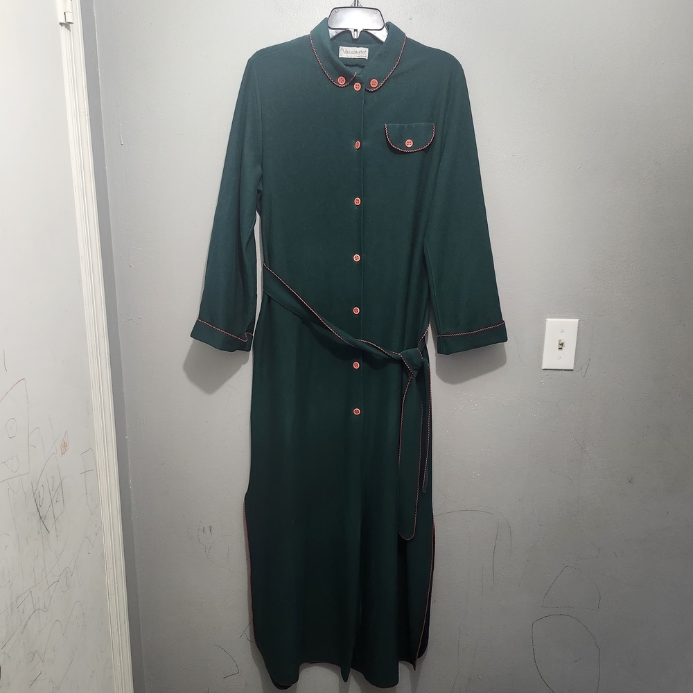 Vassarette Green Long Sleeve Vintage Sleep Dress Robe with Red Accents Size S/M